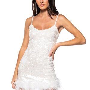 Akira White Sequin Mini Dress with Feather Trim